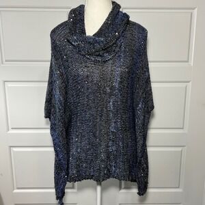 INC‎ International Concepts Sheer Blue Sparkle Knit Cowl Neck Poncho Sweater S/M